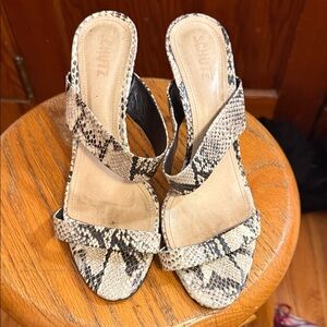 SCHUTZ Black and Cream Snakeskin Sandals